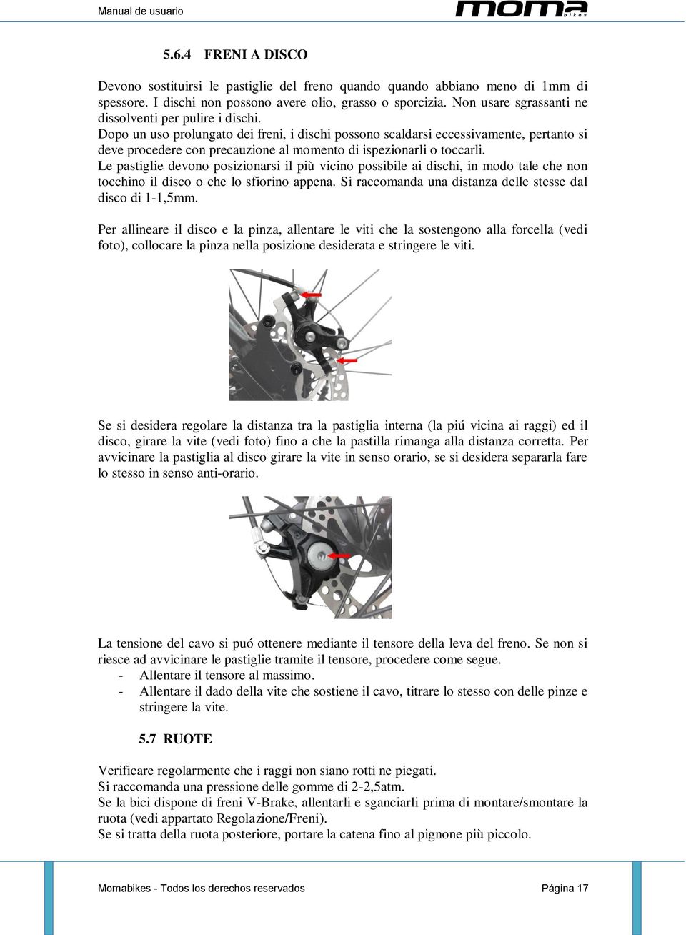 Dopo un uso prolungato dei freni, i dischi possono scaldarsi eccessivamente, pertanto si deve procedere con precauzione al momento di ispezionarli o toccarli.