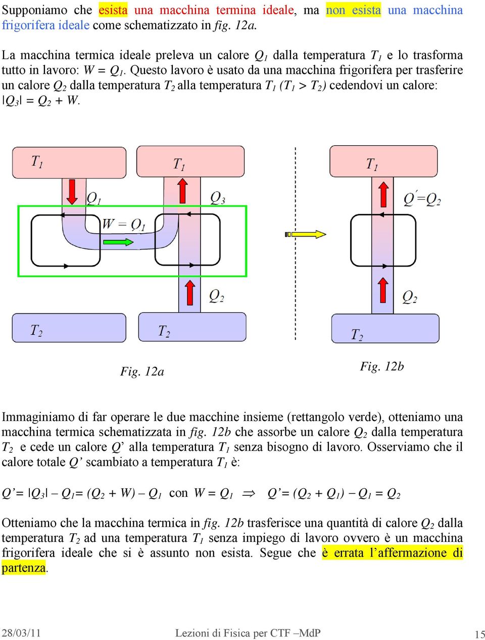 uesto lavoro è usato da una macchina frigorifera per trasferire un calore dalla temperatura alla temperatura ( > ) cedendovi un calore: 3 = + W. Fig. a Fig.