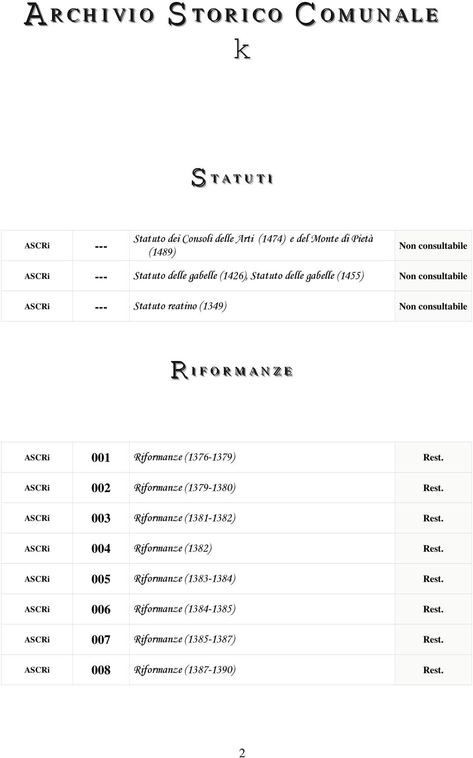 O RR M AA N ZZ EE ASCRi 001 Riformanze (1376-1379) Rest. ASCRi 002 Riformanze (1379-1380) Rest. ASCRi 003 Riformanze (1381-1382) Rest.