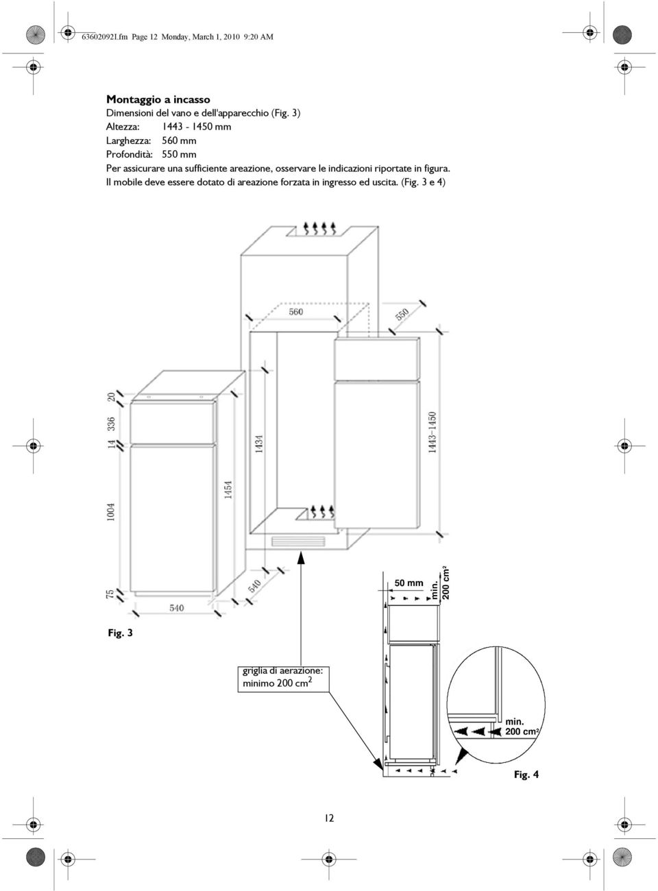 (Fig. 3) Altezza: 1443-1450 mm Larghezza: 560 mm Profondità: 550 mm Per assicurare una sufficiente