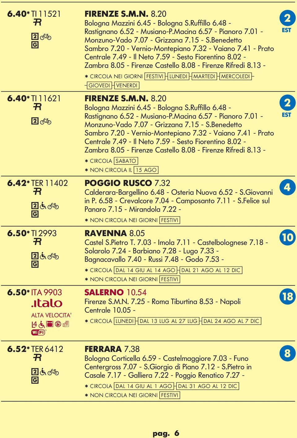 13 - * CIRCOA NEI IORNI [festivi]-[luedi]-[martedi]-[mercoledi]- -[iovedi]-[veerdi] 6.40* TI 1161 FIRENZE S.M.N. 8.0 Boloa Mazzii 6.45 - Boloa S.Ruffillo 6.48 - B Rastiao 6.5 - Musiao-P.Macia 6.