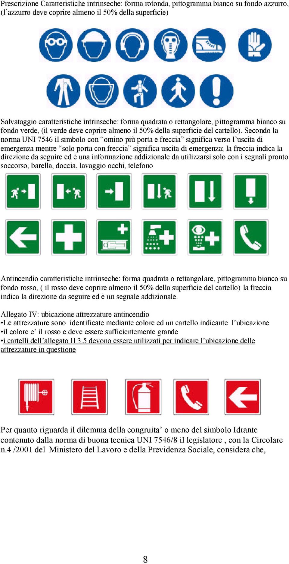 Secondo la norma UNI 7546 il simbolo con omino più porta e freccia significa verso l uscita di emergenza mentre solo porta con freccia significa uscita di emergenza; la freccia indica la direzione da