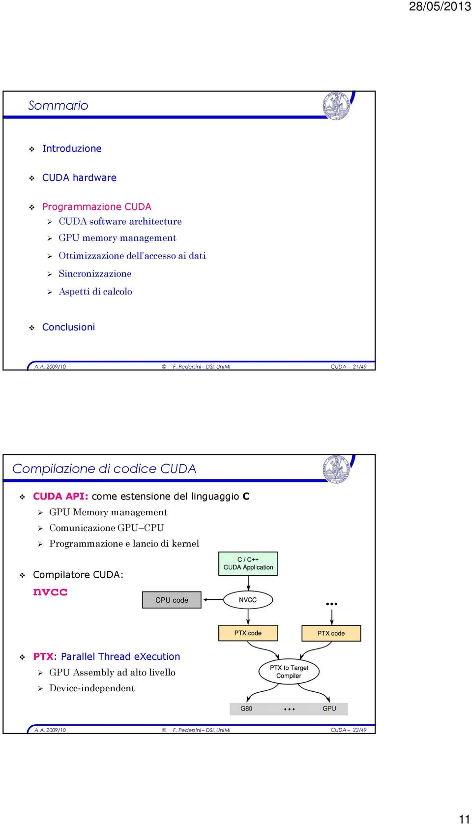 CUDA CUDA API: come estensione del linguaggio C GPU Memory management Comunicazione GPU CPU Programmazione e lancio di