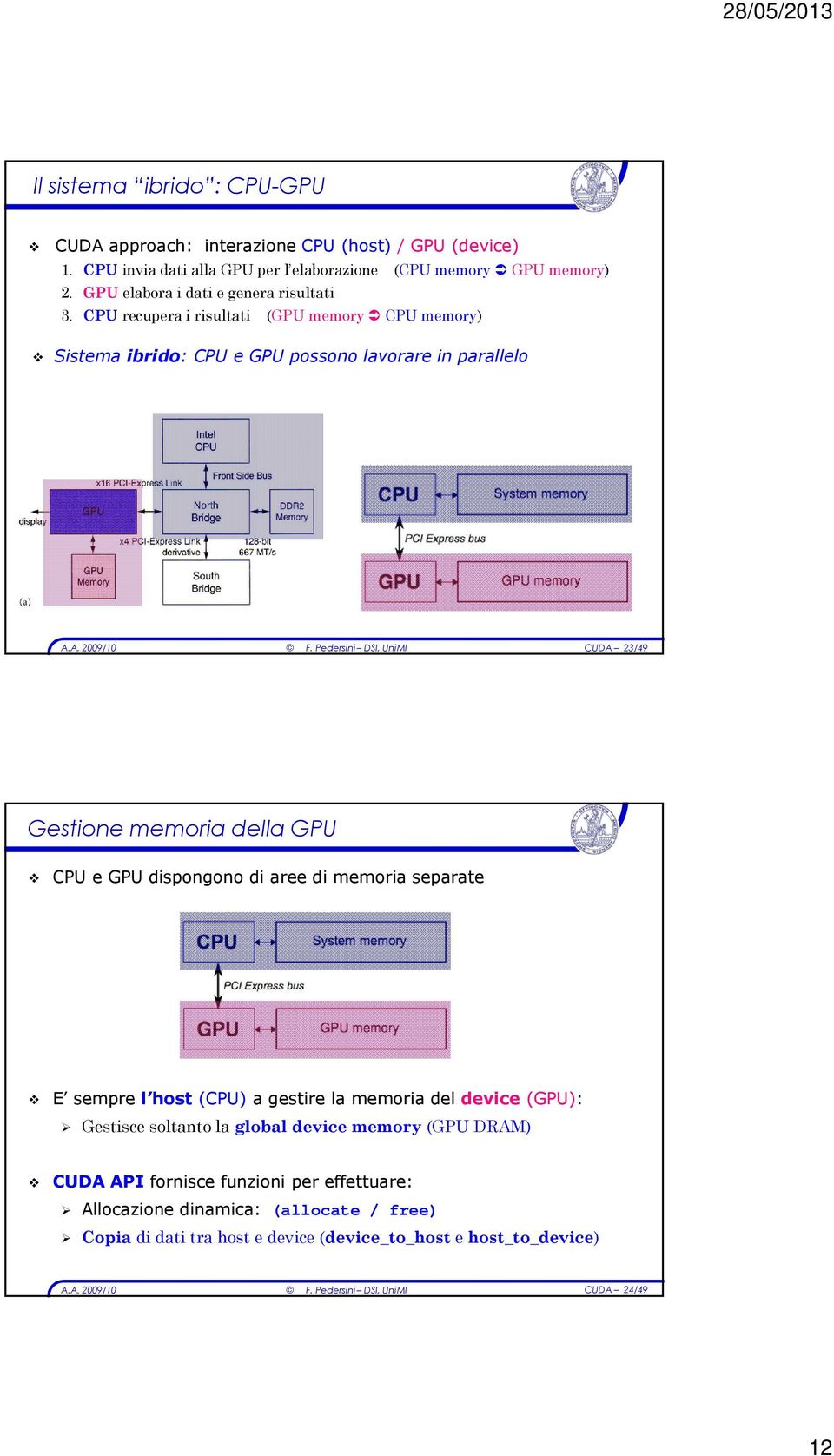 CPU recupera i risultati (GPU memory CPU memory) Sistema ibrido: CPU e GPU possono lavorare in parallelo CUDA 23/49 Gestione memoria della GPU CPU e GPU dispongono