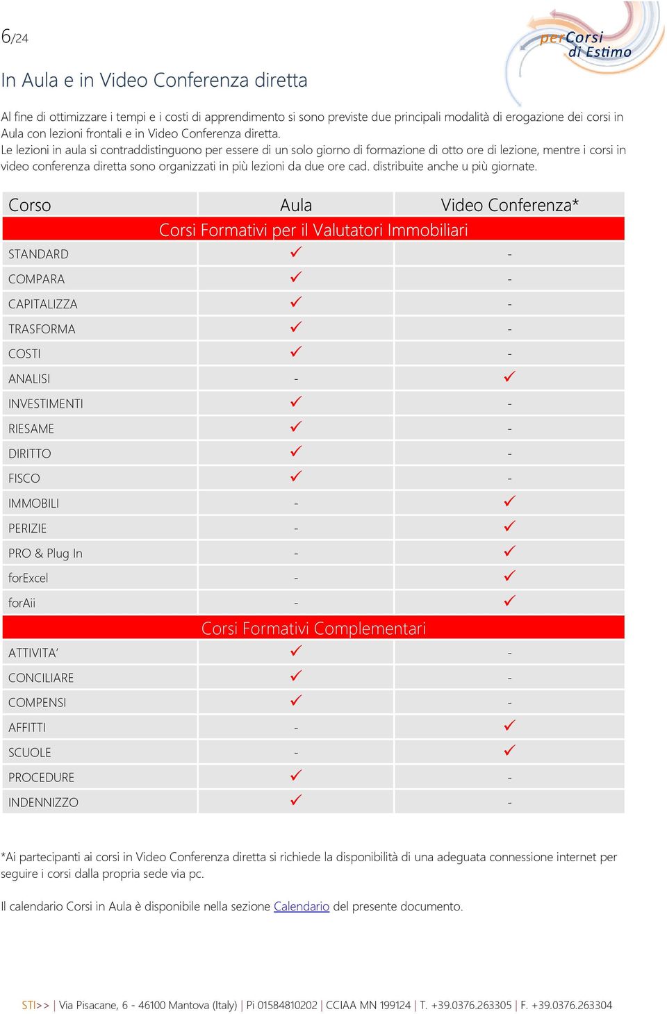 Le lezioni in aula si contraddistinguono per essere di un solo giorno di formazione di otto ore di lezione, mentre i corsi in video conferenza diretta sono organizzati in più lezioni da due ore cad.