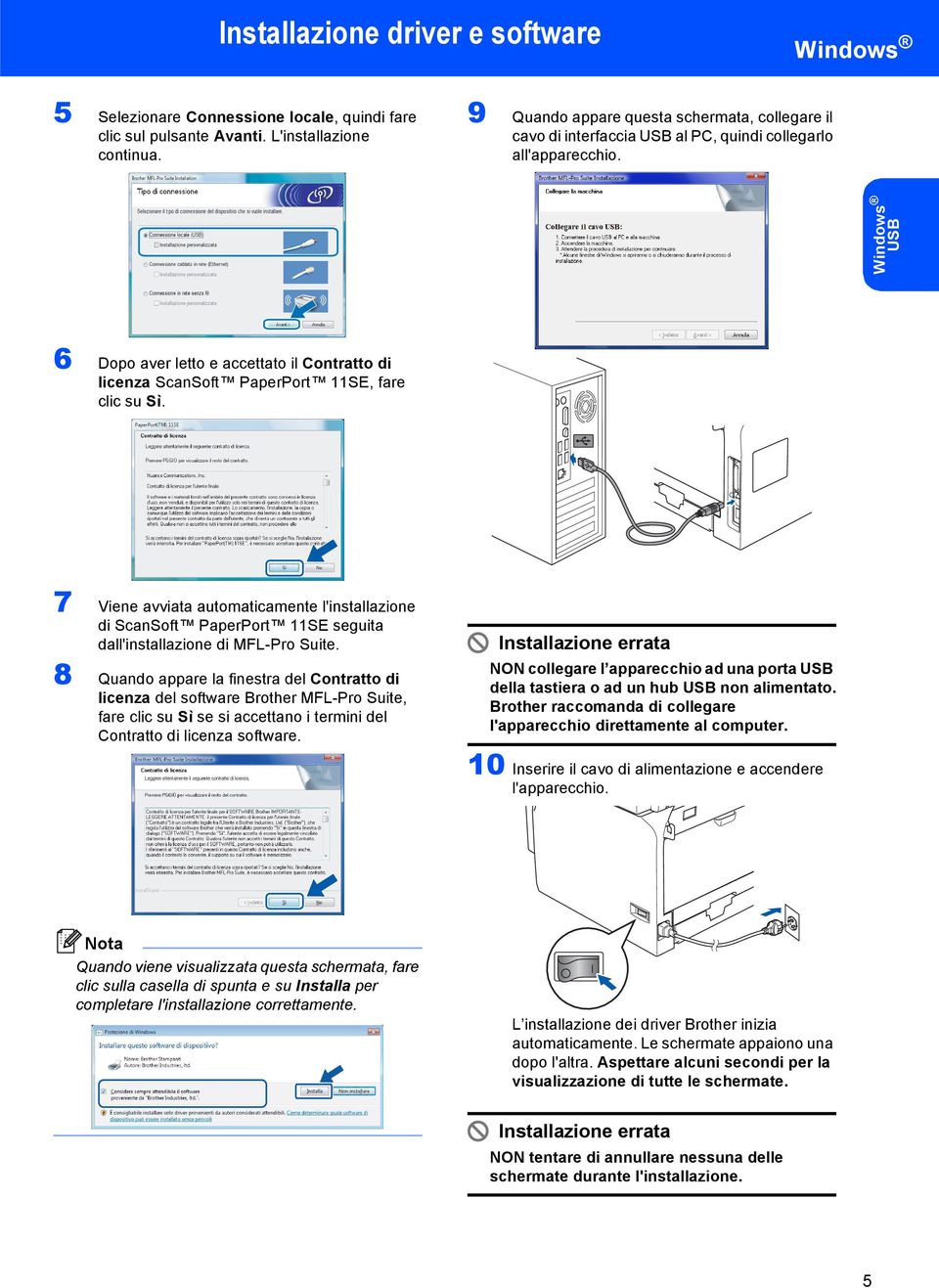 USB 6 Dopo aver letto e accettato il Contratto di licenza ScanSoft PaperPort 11SE, fare clic su Sì.