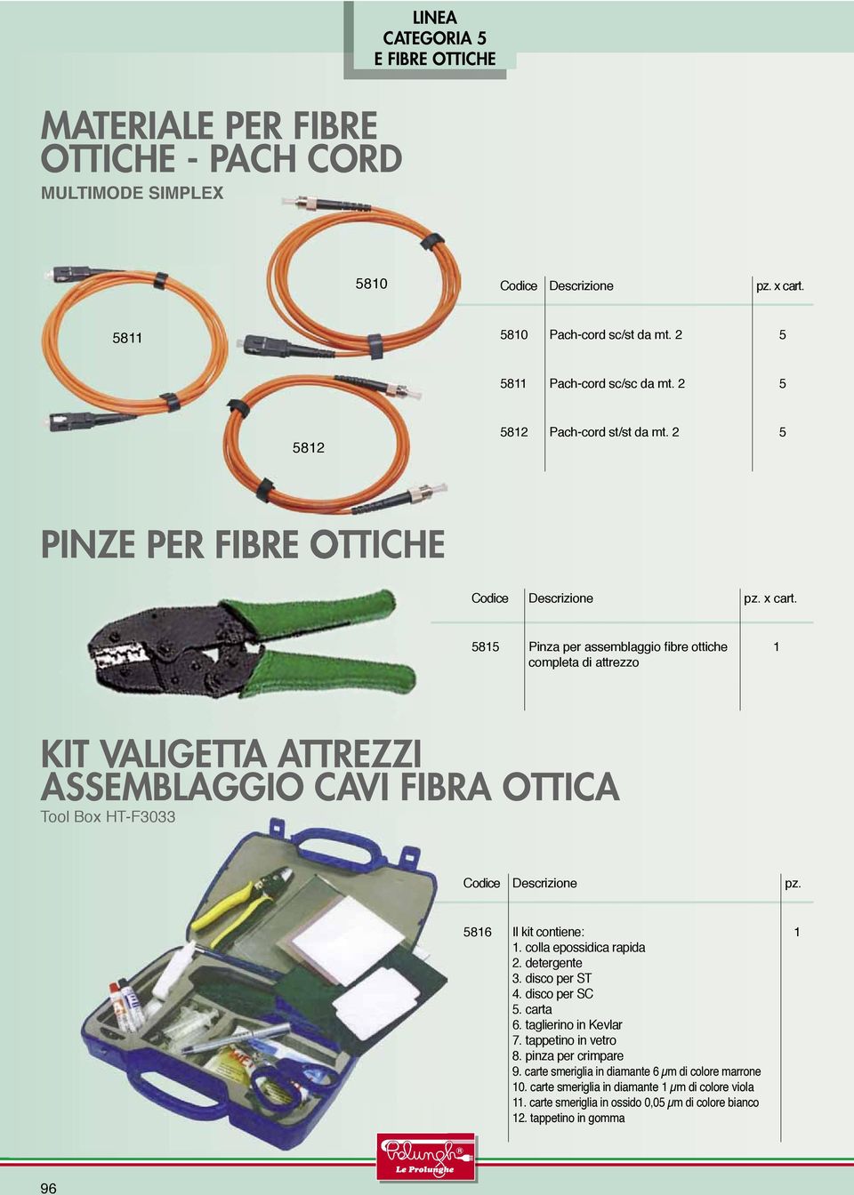 Descrizione pz. 586 Il kit contiene:. colla epossidica rapida 2. detergente 3. disco per ST 4. disco per SC 5. carta 6. taglierino in Kevlar 7. tappetino in vetro 8.