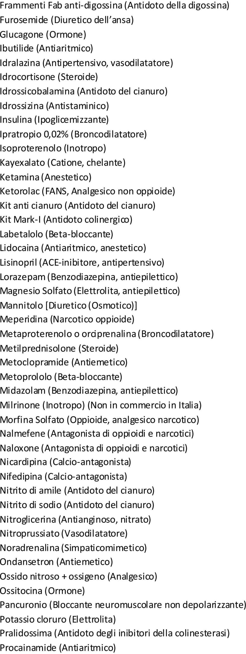 chelante) Ketamina (Anestetico) Ketorolac (FANS, Analgesico non oppioide) Kit anti cianuro (Antidoto del cianuro) Kit Mark-I (Antidoto colinergico) Labetalolo (Beta-bloccante) Lidocaina