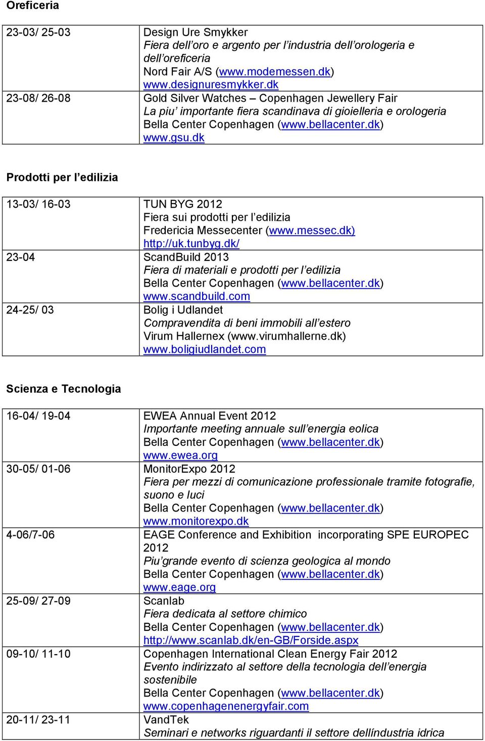 dk Prodotti per l edilizia 13-03/ 16-03 TUN BYG 2012 Fiera sui prodotti per l edilizia http://uk.tunbyg.dk/ 23-04 ScandBuild 2013 Fiera di materiali e prodotti per l edilizia www.scandbuild.