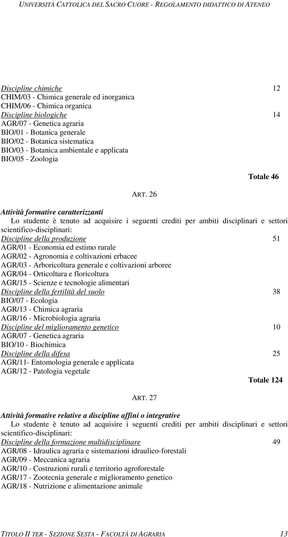 26 Totale 46 Attività formative caratterizzanti Discipline della produzione 51 AGR/01 - Economia ed estimo rurale AGR/02 - Agronomia e coltivazioni erbacee AGR/03 - Arboricoltura generale e