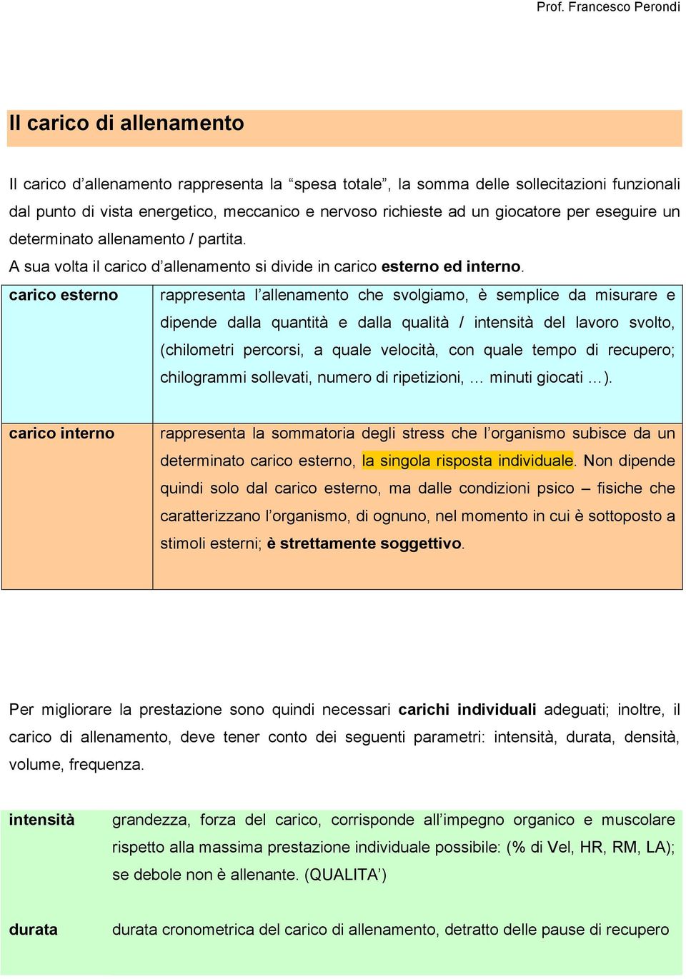 carico esterno rappresenta l allenamento che svolgiamo, è semplice da misurare e dipende dalla quantità e dalla qualità / intensità del lavoro svolto, (chilometri percorsi, a quale velocità, con