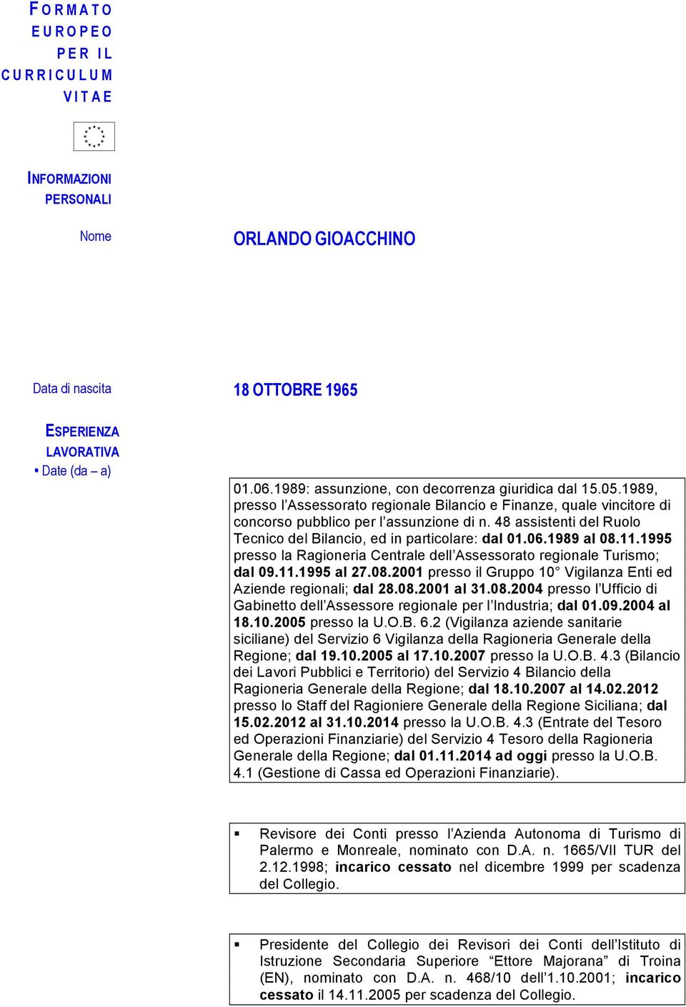 48 assistenti del Ruolo Tecnico del Bilancio, ed in particolare: dal 01.06.1989 al 08.11.1995 presso la Ragioneria Centrale dell Assessorato regionale Turismo; dal 09.11.1995 al 27.08.2001 presso il Gruppo 10 Vigilanza Enti ed Aziende regionali; dal 28.