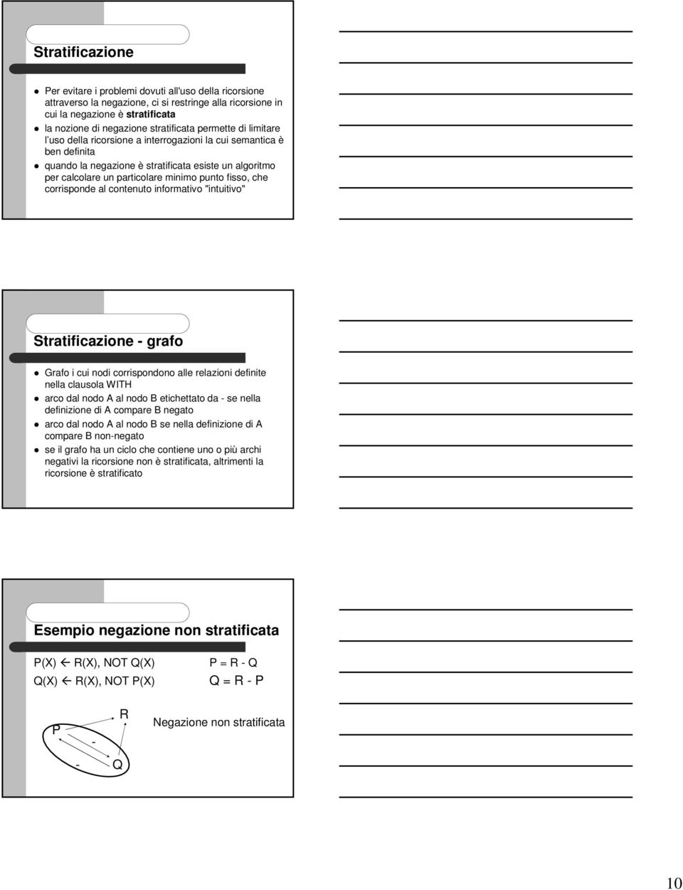 che corrisponde al contenuto informativo "intuitivo" Stratificazione - grafo Grafo i cui nodi corrispondono alle relazioni definite nella clausola arco dal nodo A al nodo B etichettato da - se nella