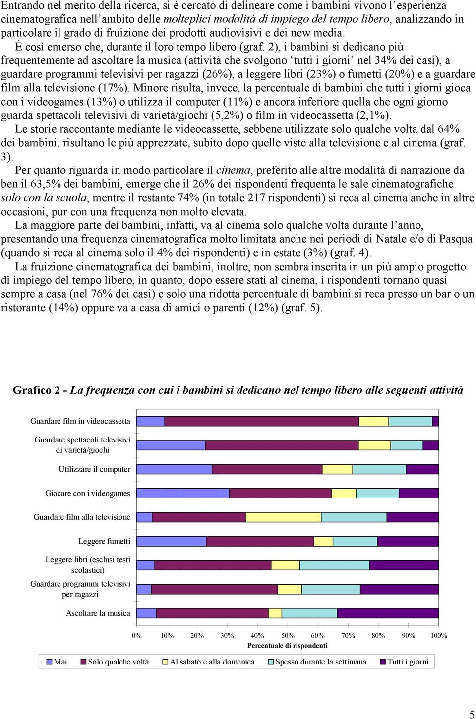 2), i bambini si dedicano più frequentemente ad ascoltare la musica (attività che svolgono tutti i giorni nel 34% dei casi), a guardare programmi televisivi per ragazzi (26%), a leggere libri (23%) o