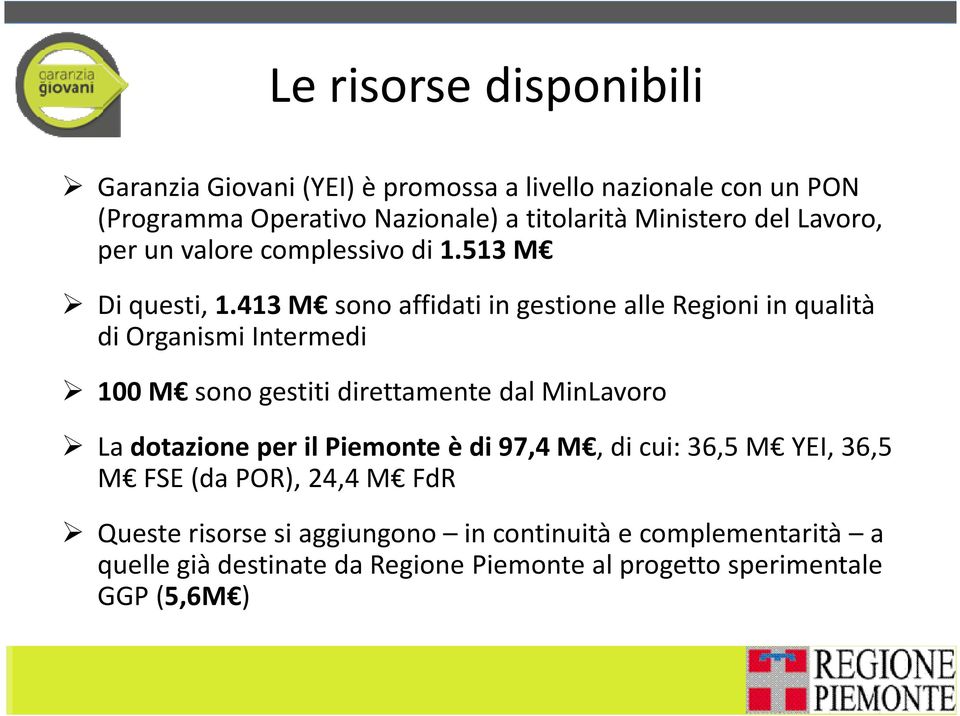 413 M sono affidati in gestione alle Regioni in qualità di Organismi Intermedi 100 M sono gestiti direttamente dal MinLavoro La dotazione