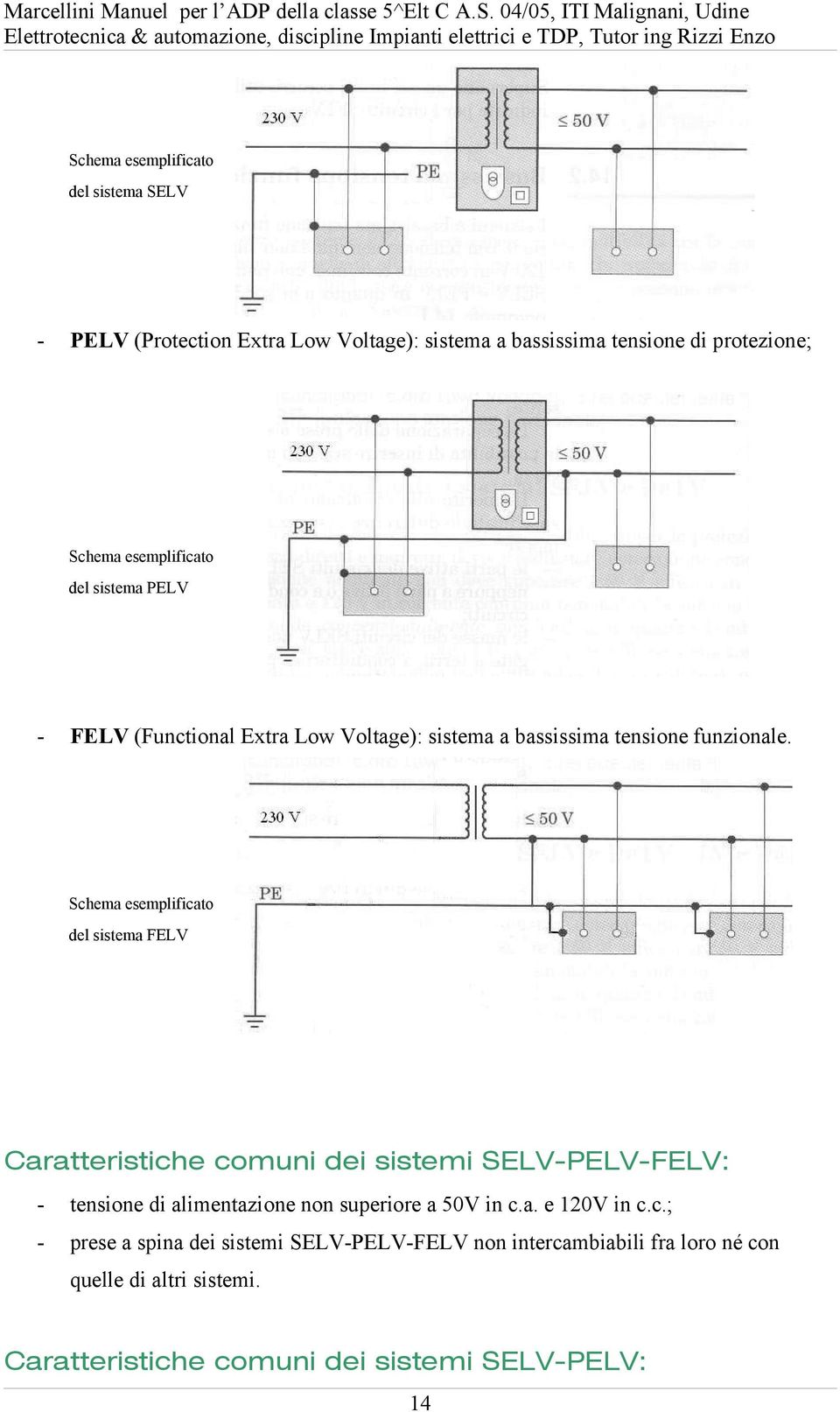 Schema esemplificato del sistema FELV Caratteristiche comuni dei sistemi SELV-PELV-FELV: - tensione di alimentazione non superiore a 50V