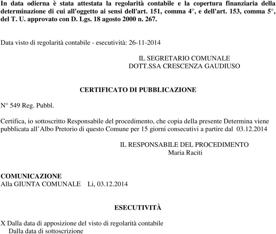 CERTIFICATO DI PUBBLICAZIONE Certifica, io sottoscritto Responsabile del procedimento, che copia della presente Determina viene pubblicata all Albo Pretorio di questo Comune per 15 giorni