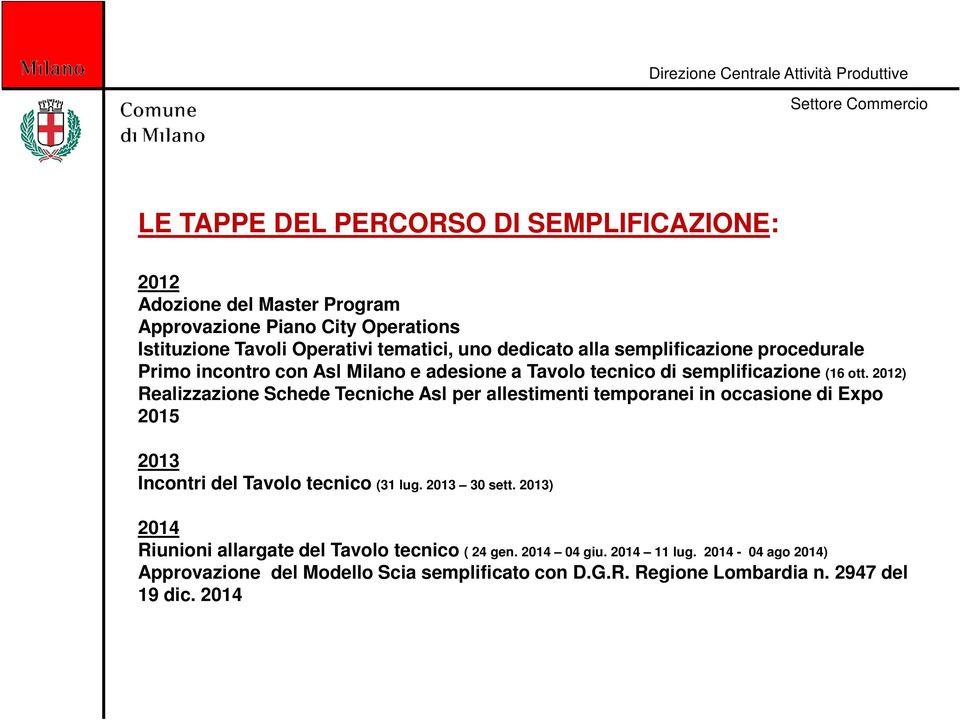 2012) Realizzazione Schede Tecniche Asl per allestimenti temporanei in occasione di Expo 2015 2013 Incontri del Tavolo tecnico (31 lug. 2013 30 sett.