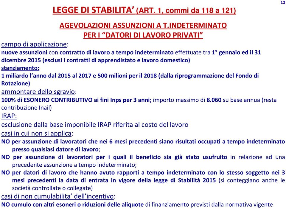 di apprendistato e lavoro domestico) stanziamento: 1 miliardo l anno dal 2015 al 2017 e 500 milioni per il 2018 (dalla riprogrammazione del Fondo di Rotazione) ammontare dello sgravio: 100% di