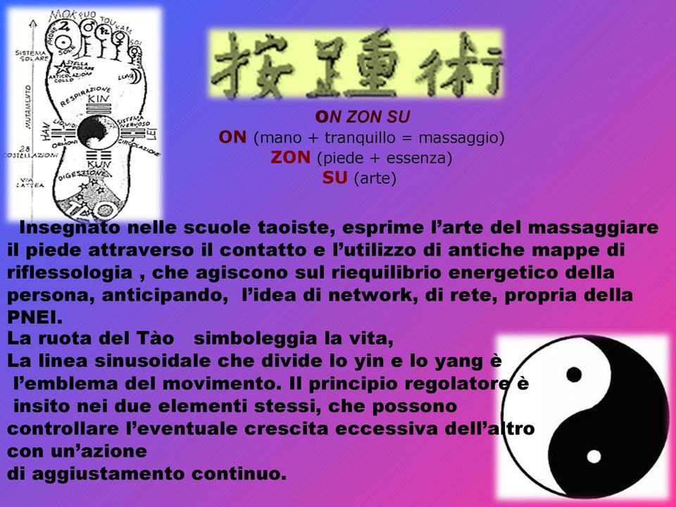 network, di rete, propria della PNEI. La ruota del Tào simboleggia la vita, La linea sinusoidale che divide lo yin e lo yang è l emblema del movimento.