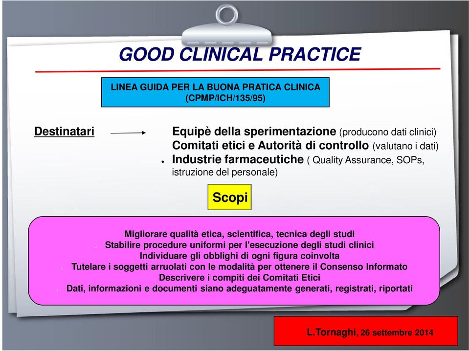 degli studi Stabilire procedure uniformi per l'esecuzione degli studi clinici Individuare gli obblighi di ogni figura coinvolta Tutelare i soggetti arruolati