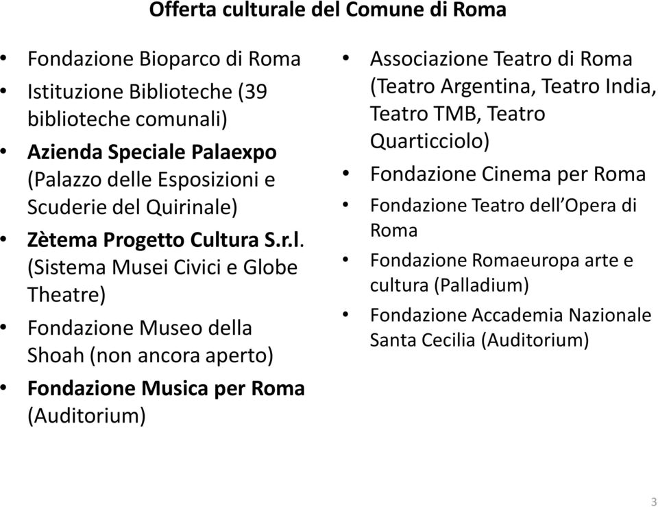 aperto) Fondazione Musica per Roma (Auditorium) Associazione Teatro di Roma (Teatro Argentina, Teatro India, Teatro TMB, Teatro Quarticciolo) Fondazione