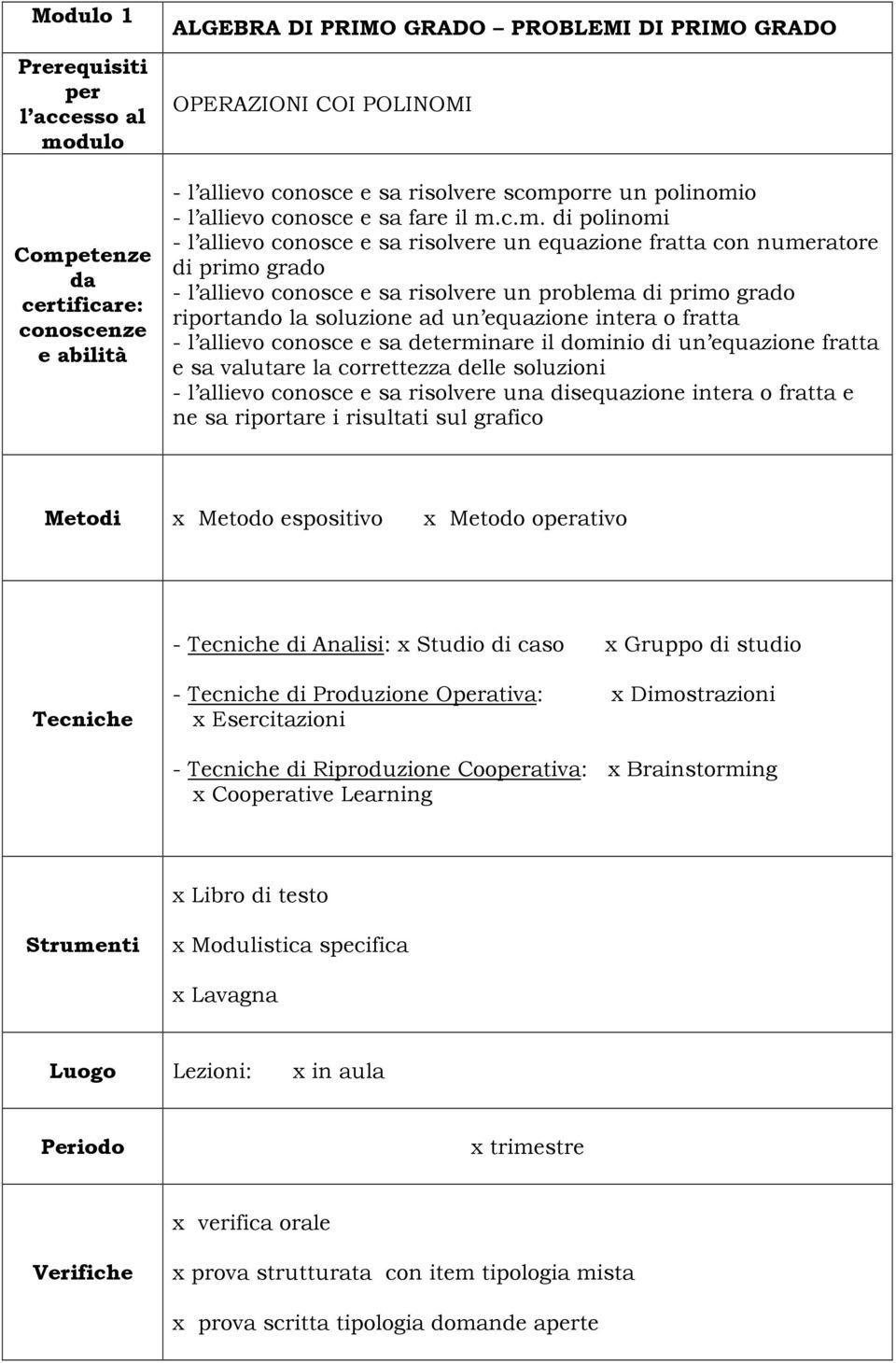 o - l allievo conosce e sa fare il m.