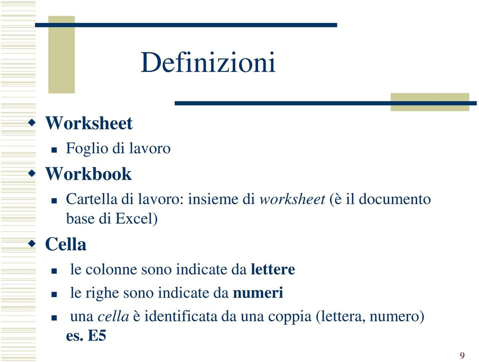 Cella le colonne sono indicate da lettere le righe sono indicate