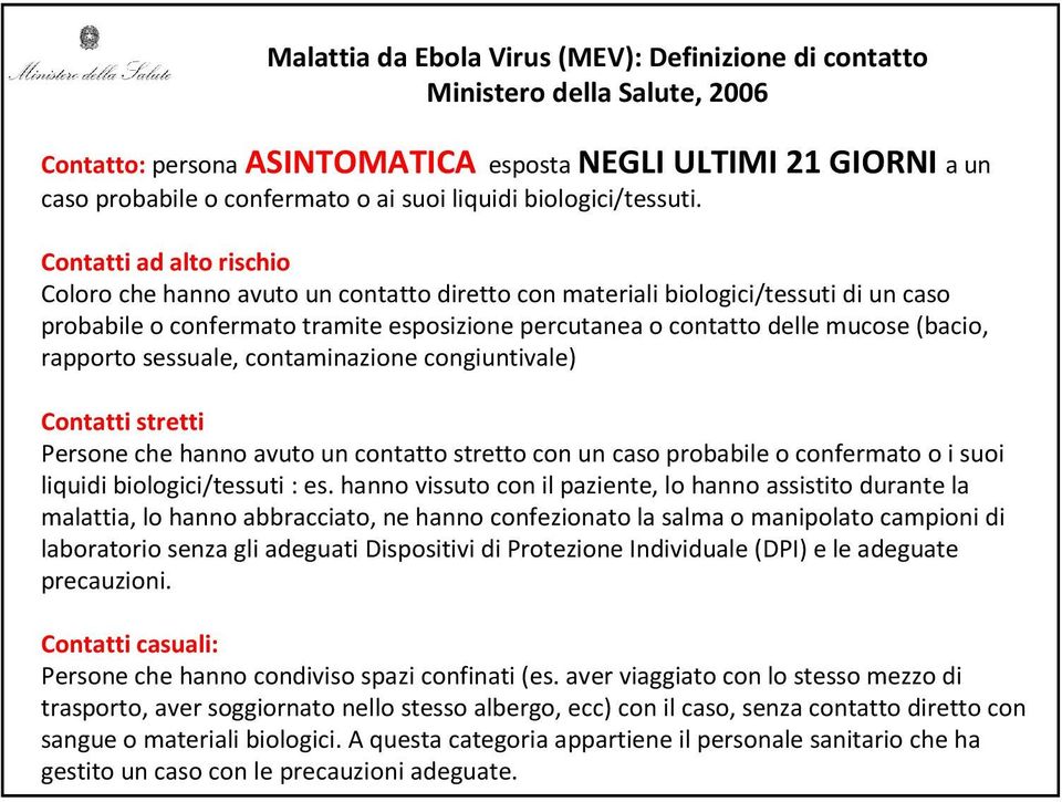 Contatti ad alto rischio Coloro che hanno avuto un contatto diretto con materiali biologici/tessuti di un caso probabile o confermato tramite esposizione percutanea o contattodelle mucose (bacio,