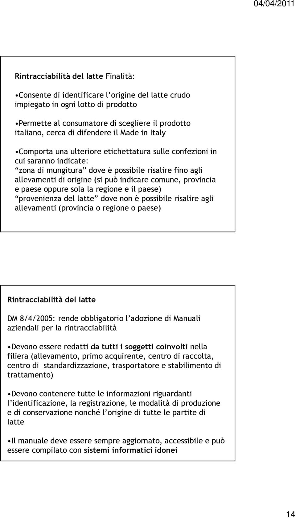 comune, provincia e paese oppure sola la regione e il paese) provenienza del latte dove non è possibile risalire agli allevamenti (provincia o regione o paese) Rintracciabilità del latte DM 8/4/2005: