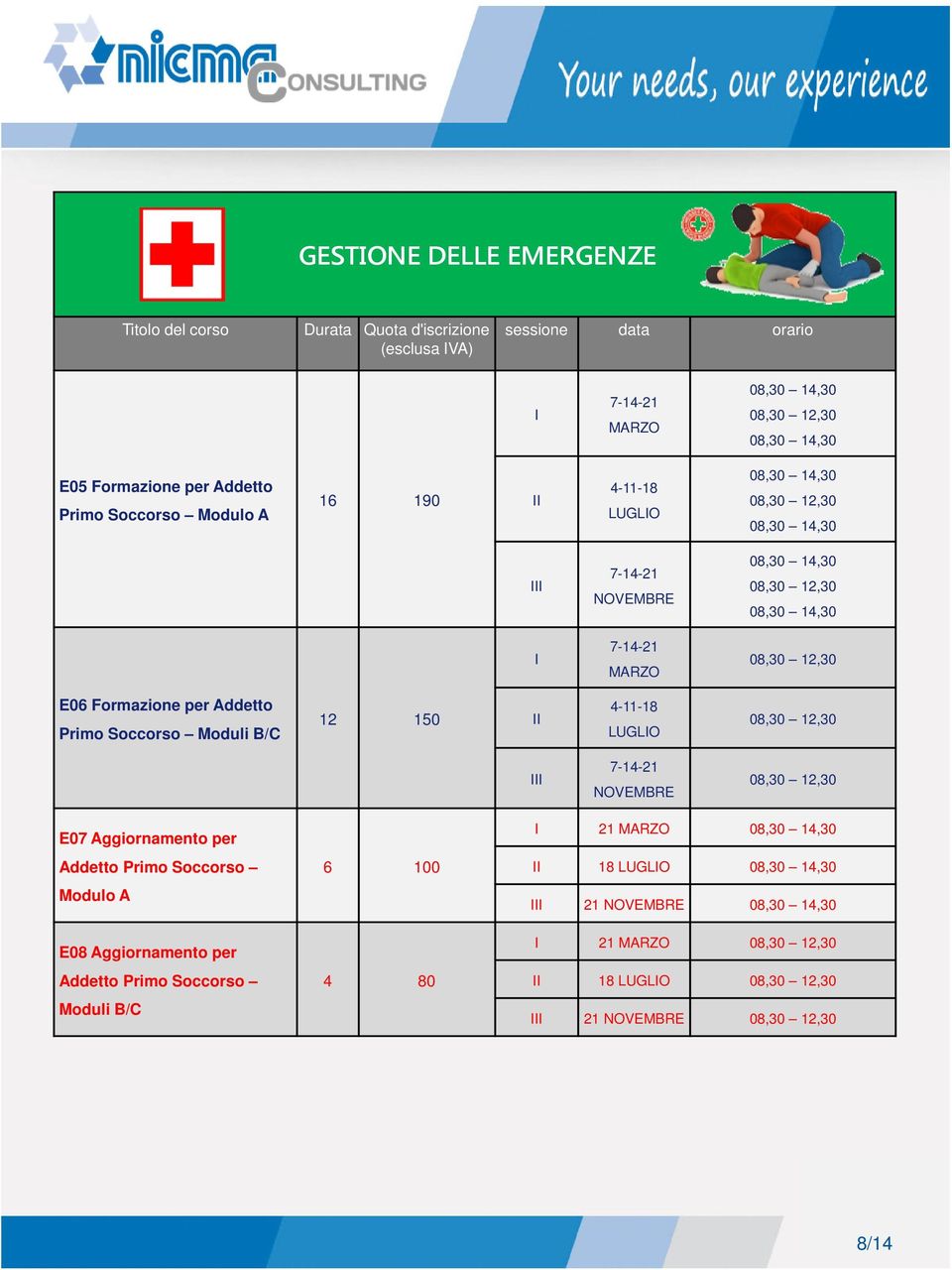 Addetto Primo Soccorso Moduli B/C 12 150 4-11-18 LUGLO 7-14-21 NOVEMBRE E07 Aggiornamento per Addetto Primo Soccorso Modulo A E08