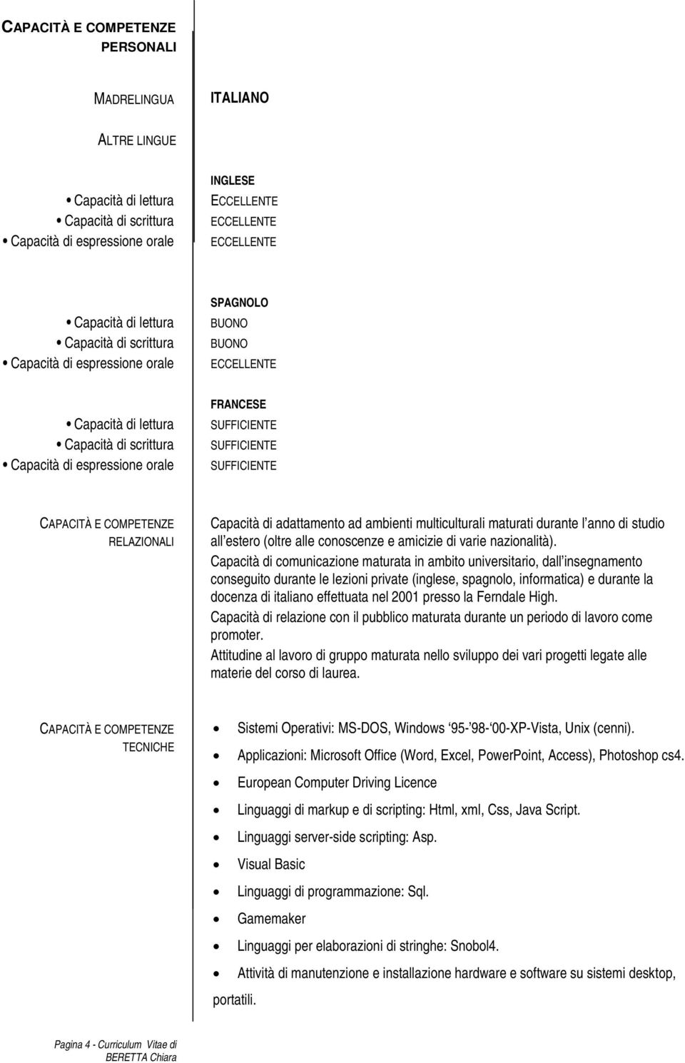 Capacità di comunicazione maturata in ambito universitario, dall insegnamento conseguito durante le lezioni private (inglese, spagnolo, informatica) e durante la docenza di italiano effettuata nel