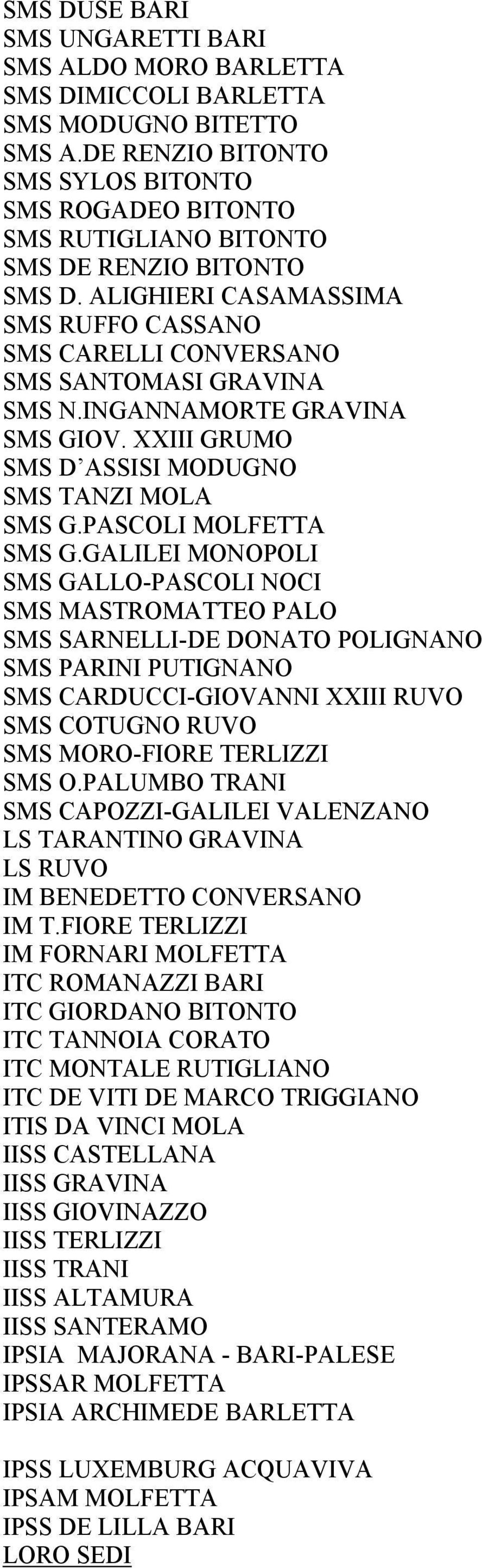 INGANNAMORTE GRAVINA SMS GIOV. XXIII GRUMO SMS D ASSISI MODUGNO SMS TANZI MOLA SMS G.PASCOLI MOLFETTA SMS G.