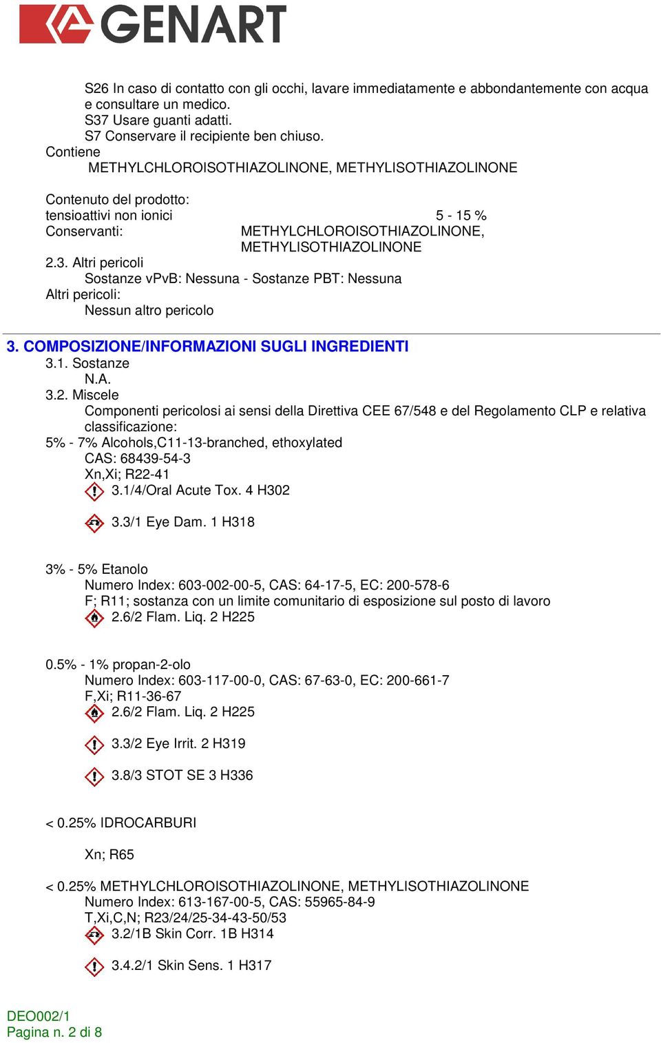 Altri pericoli Sostanze vpvb: Nessuna - Sostanze PBT: Nessuna Altri pericoli: Nessun altro pericolo 3. COMPOSIZIONE/INFORMAZIONI SUGLI INGREDIENTI 3.1. Sostanze 3.2.