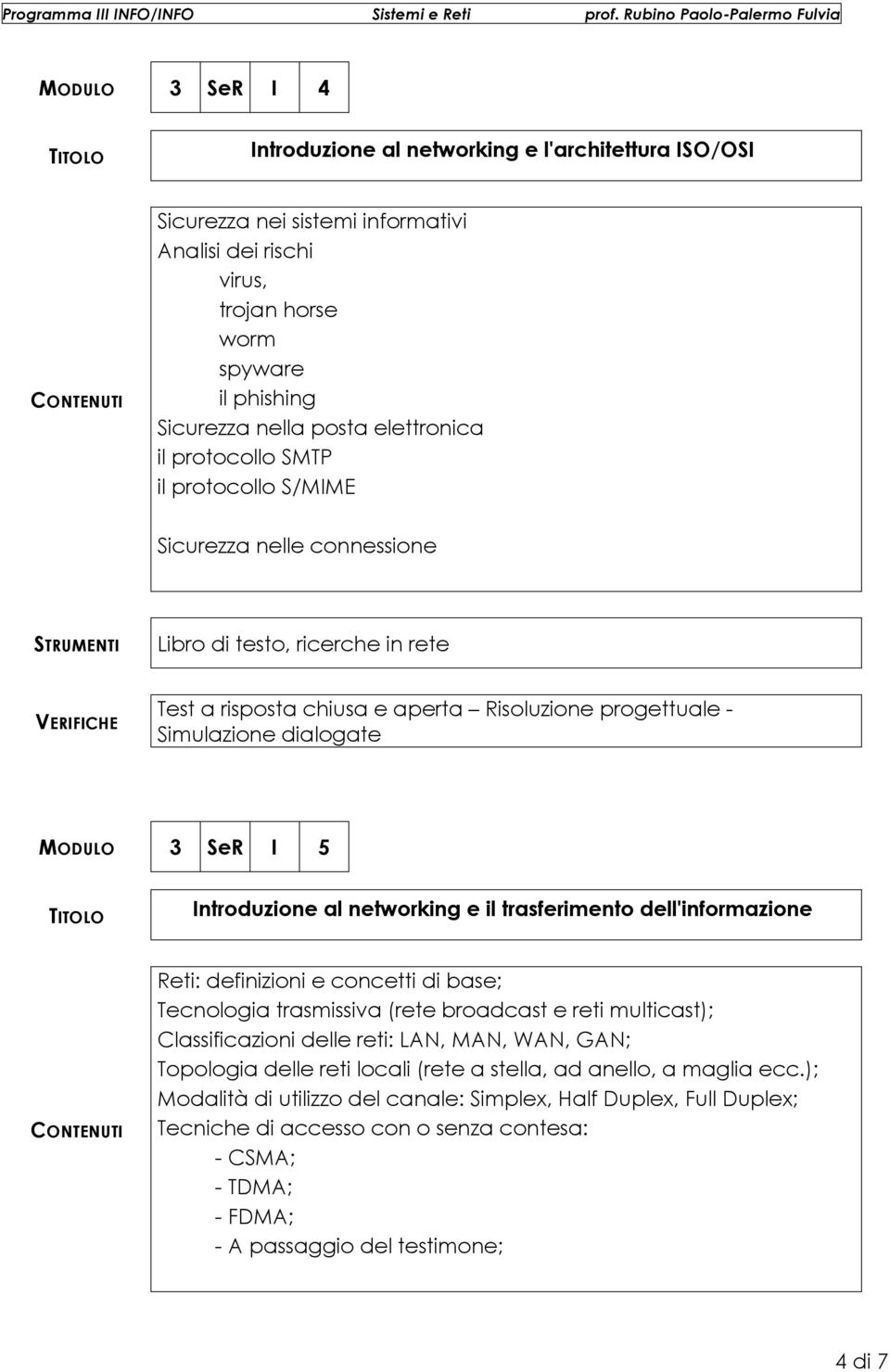 Introduzione al networking e il trasferimento dell'informazione Reti: definizioni e concetti di base; Tecnologia trasmissiva (rete broadcast e reti multicast); Classificazioni delle reti: LAN, MAN,