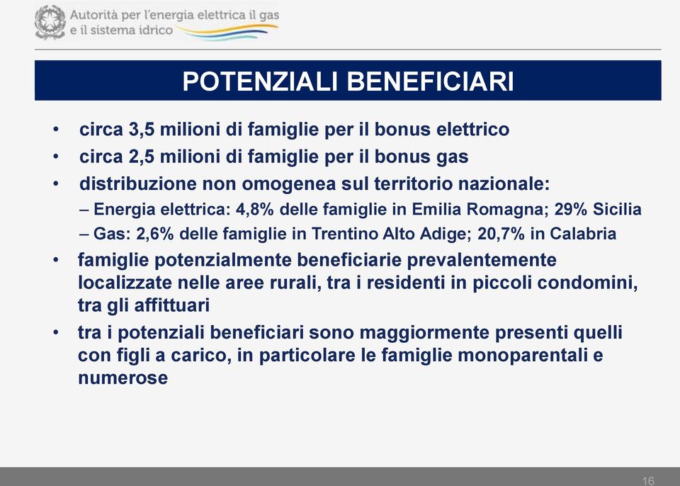 Adige; 20,7% in Calabria famiglie potenzialmente beneficiarie prevalentemente localizzate nelle aree rurali, tra i residenti in piccoli condomini,