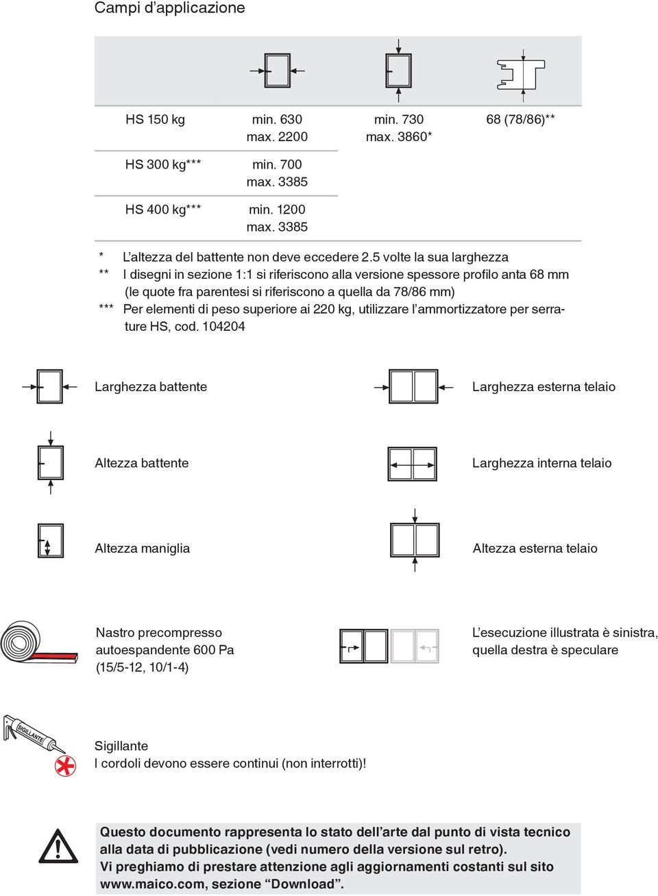 104204 Larghezza battente Larghezza esterna telaio Altezza battente Larghezza interna telaio Altezza maniglia Altezza esterna telaio Nastro precompresso autoespandente 600 Pa (15/5-12, 10/1-4) L