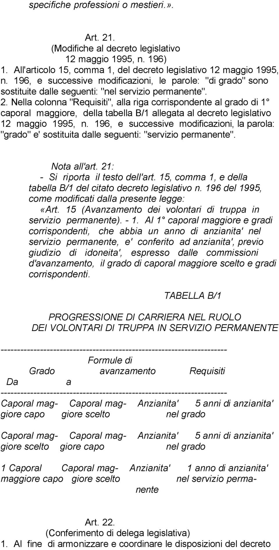 Nella colonna "Requisiti", alla riga corrispondente al grado di 1 caporal maggiore, della tabella B/1 allegata al decreto legislativo 12 maggio 1995, n.