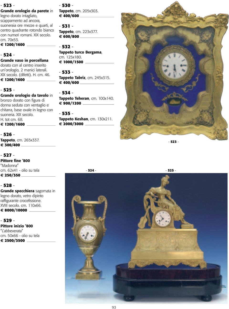 1200/1600-525 - Grande orologio da tavolo in bronzo dorato con figura di donna seduta con ventaglio e chitarra, base ovale in legno con suoneria. XIX secolo. H. tot cm. 68.