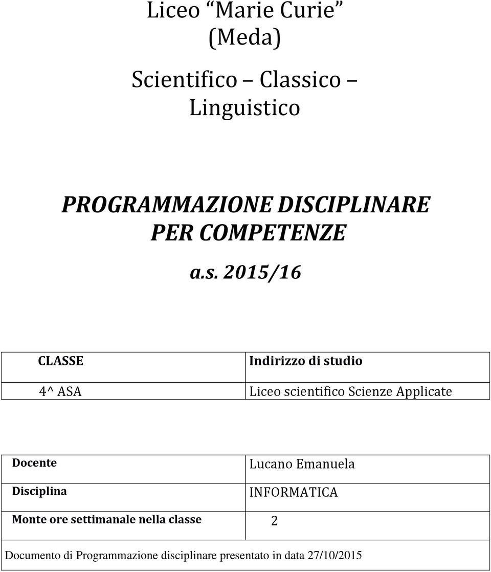 2015/16 CLASSE 4^ ASA Indirizzo di studio Liceo scientifico Scienze Applicate