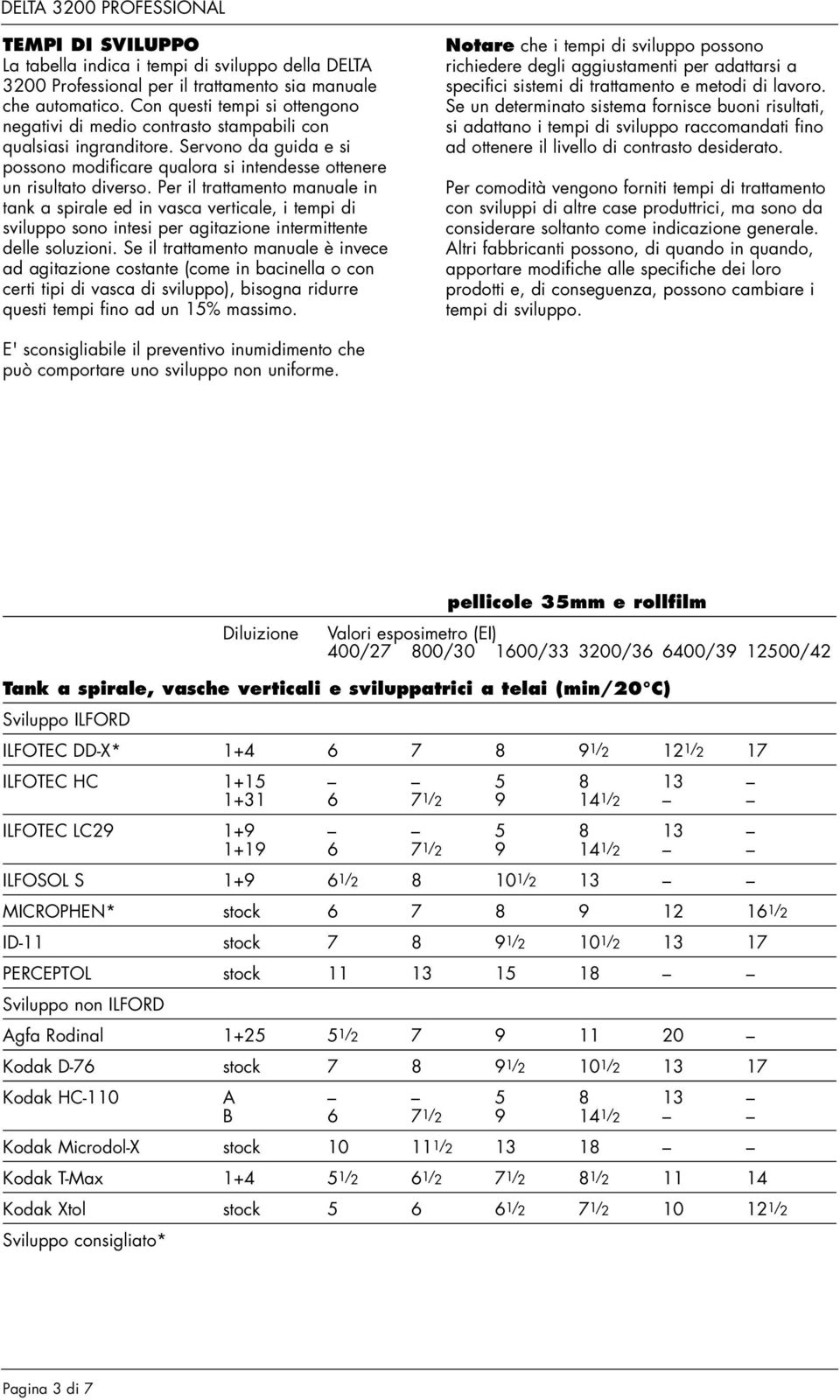 Per il trattamento manuale in tank a spirale ed in vasca verticale, i tempi di sviluppo sono intesi per agitazione intermittente delle soluzioni.