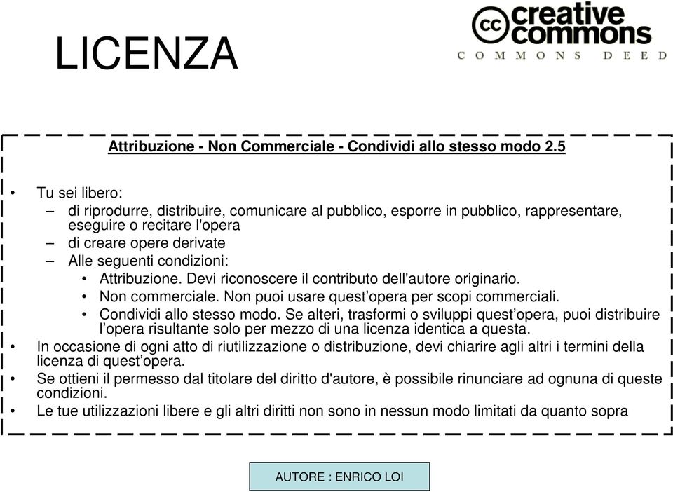 Devi riconoscere il contributo dell'autore originario. Non commerciale. Non puoi usare quest opera per scopi commerciali. Condividi allo stesso modo.