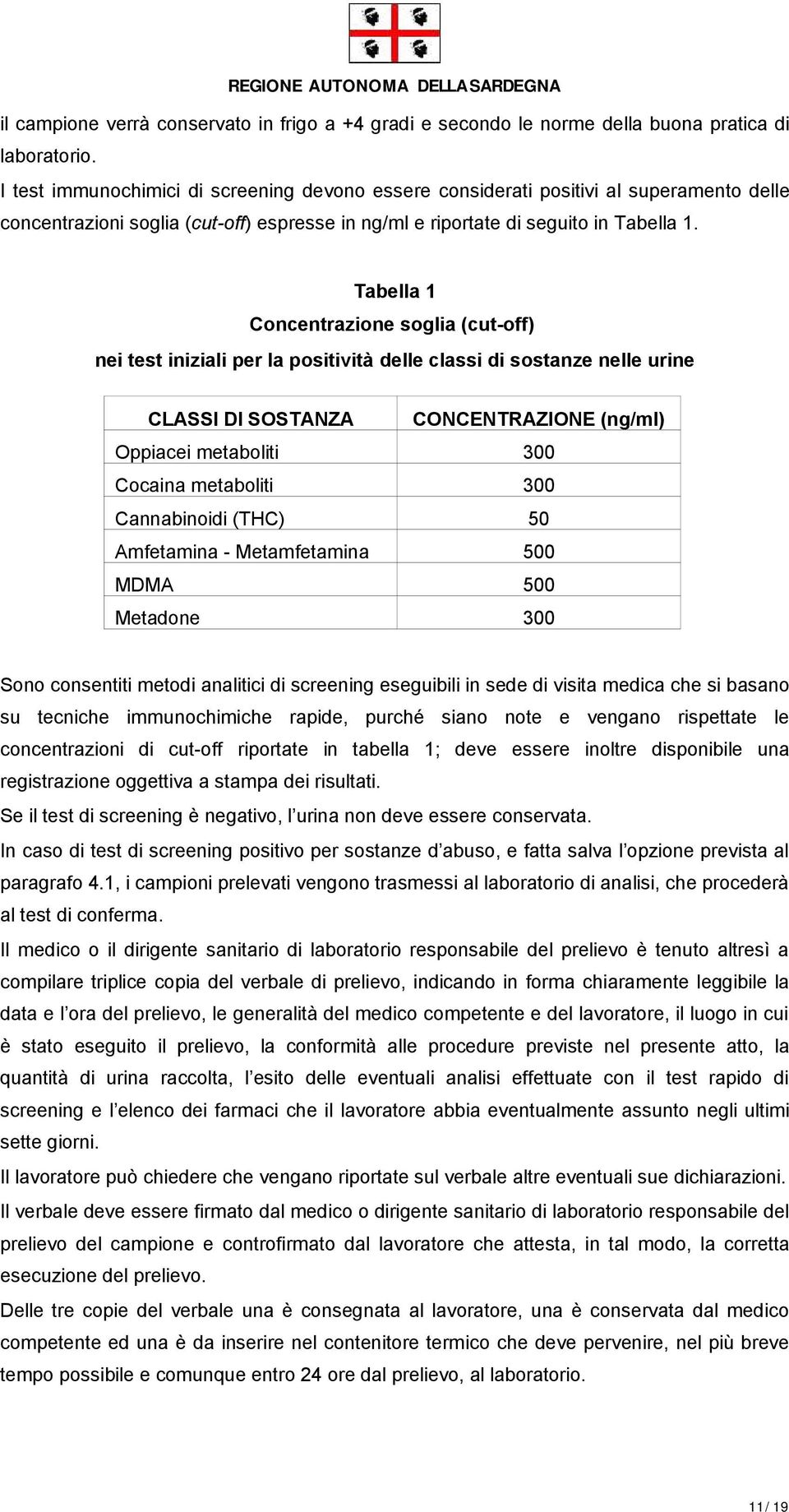 Tabella 1 Concentrazione soglia (cut-off) nei test iniziali per la positività delle classi di sostanze nelle urine CLASSI DI SOSTANZA CONCENTRAZIONE (ng/ml) Oppiacei metaboliti 300 Cocaina metaboliti