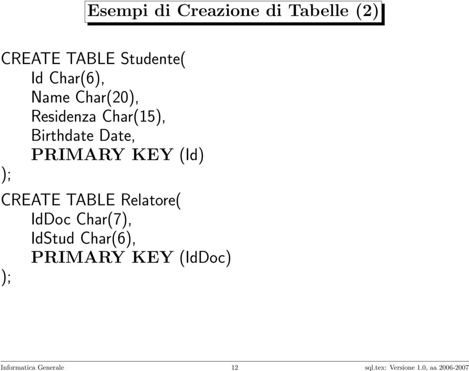 ); CREATE TABLE Relatore( IdDoc Char(7), IdStud Char(6), PRIMARY KEY