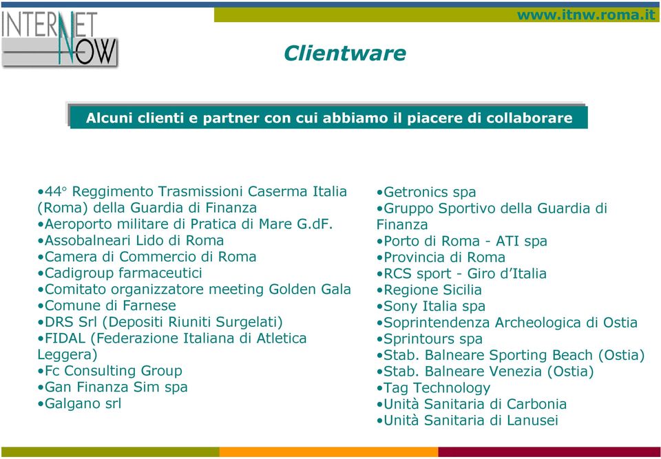 Italiana di Atletica Leggera) Fc Consulting Group Gan Finanza Sim spa Galgano srl Getronics spa Gruppo Sportivo della Guardia di Finanza Porto di Roma - ATI spa Provincia di Roma RCS sport - Giro d