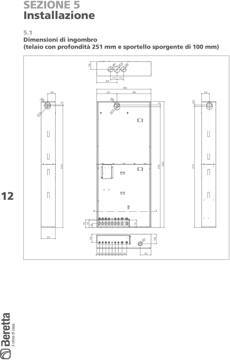 sporgente di 100 mm) 136 354 596 136 Ø90 Ø90 14 Ø110 2124 12 70 135