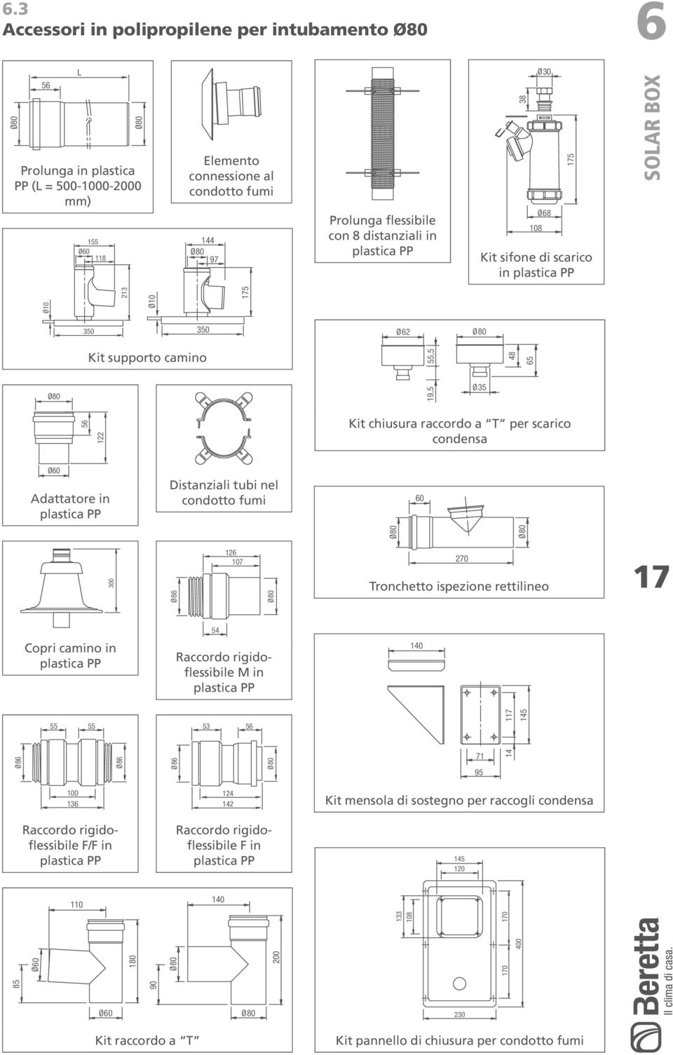 Ø Adattatore in plastica PP Distanziali tubi nel condotto fumi 300 Ø86 126 107 17 Copri camino in plastica PP 54 Raccordo rigidoflessibile M in plastica PP 55 55 53 56 Ø86 Ø86 Ø86 100 136 Raccordo