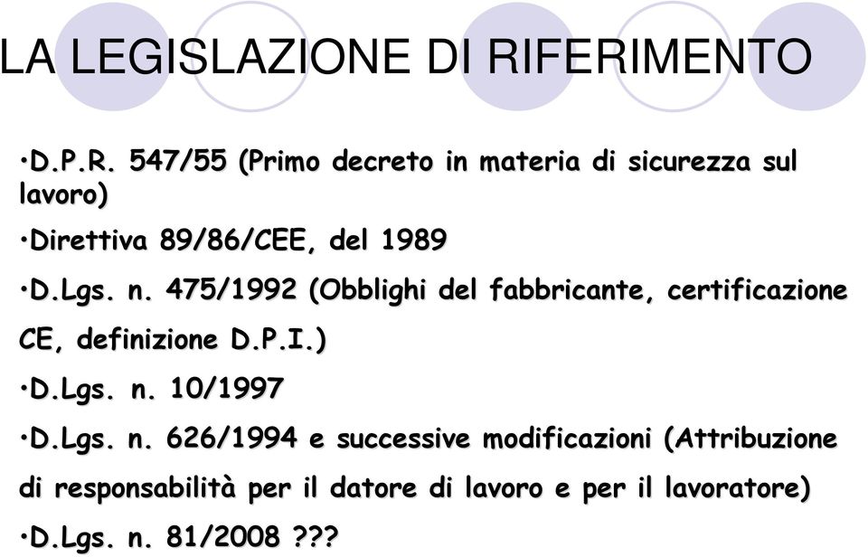 Lgs.. n. 475/1992 (Obblighi del fabbricante, certificazione CE, definizione D.P.I.).) D.Lgs. n. 10/1997 D.