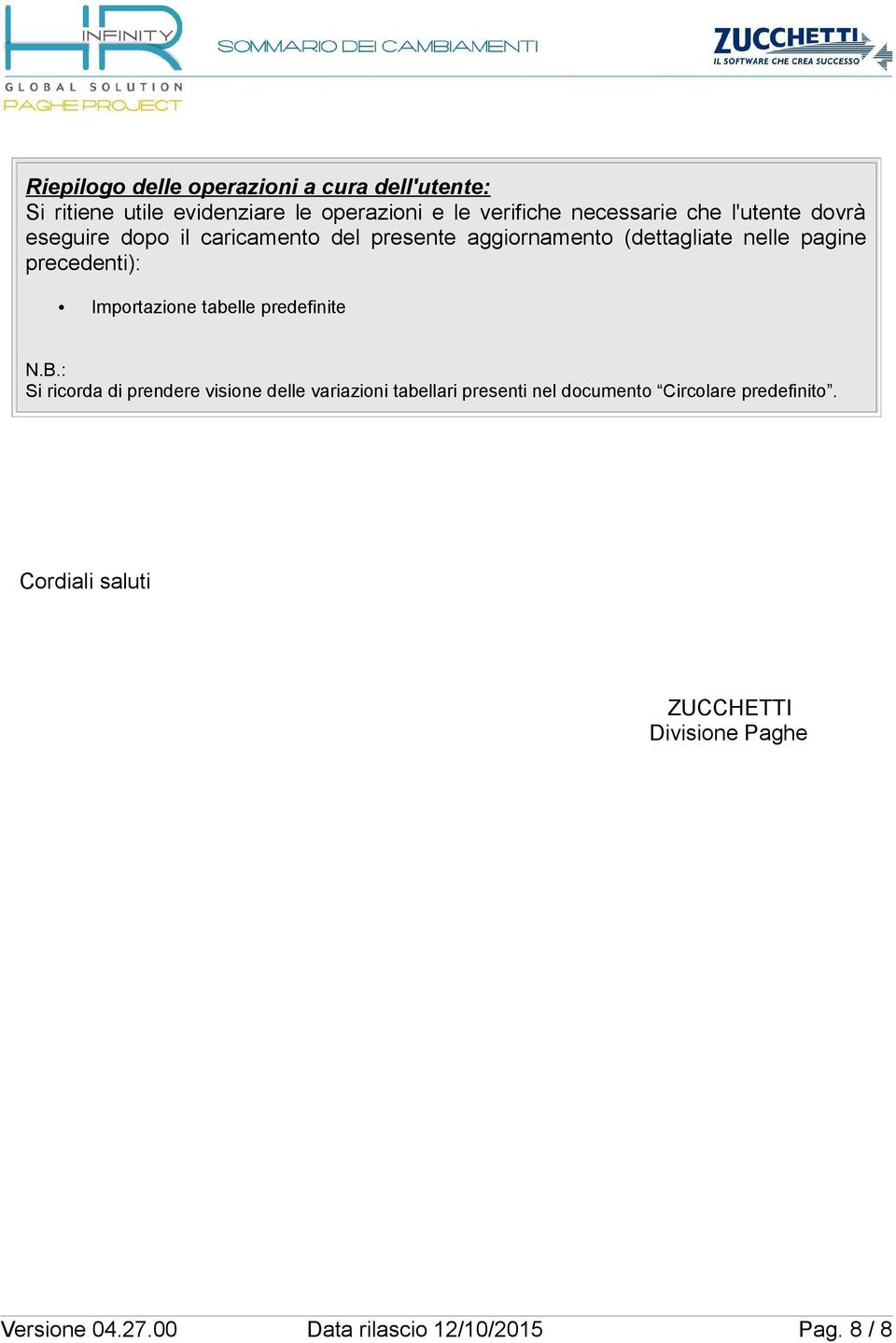 Importazione tabelle predefinite N.B.