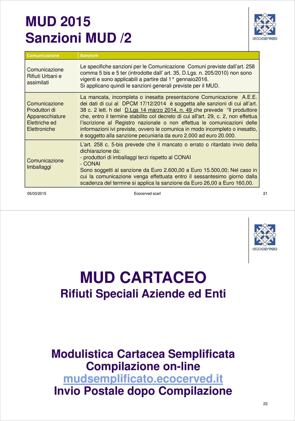 Si applicano quindi le sanzioni generali previste per il MUD. La mancata, incompleta o inesatta presentazione Comunicazione A.E.